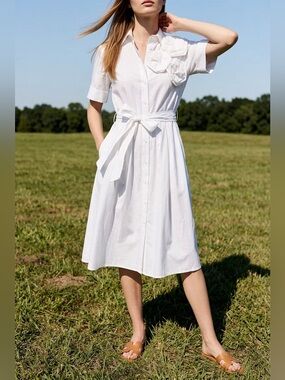 Karl Lagerfeld Paris NWT Floral Appliqué White Cotton Tie-Waist Midi Shirt Dress